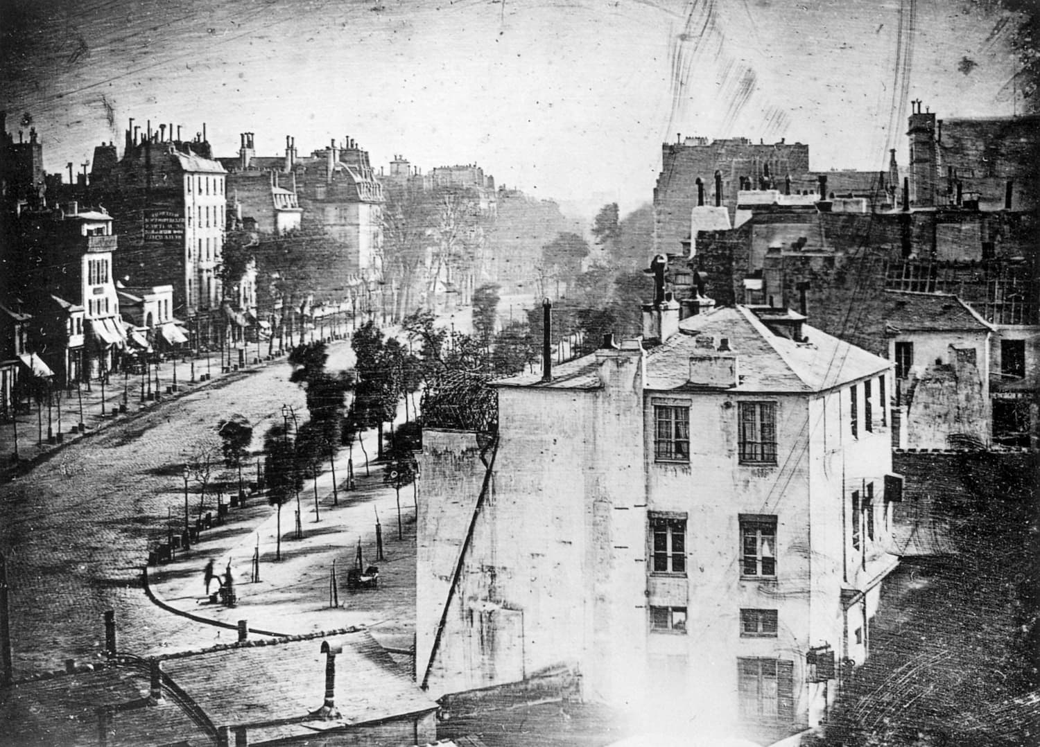 Daguerre, Boulevard du Temple, 1838 &mdash; the first photograph to include a human being